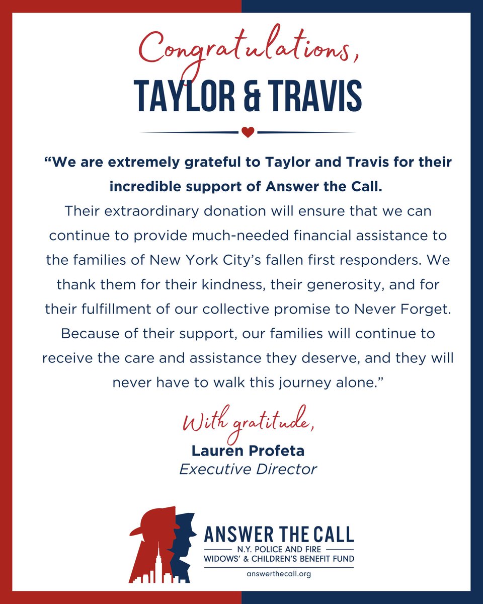 MrJoeMcBob's tweet photo. In addition to paying for their NYPD security (something that all event organizers pay for, which a Congresswoman should know), Taylor and Travis made an "extraordinary" donation to Answer the Call, a charity that supports the families of fallen police and firefighters. https://t.co/5KezQZKkZK
