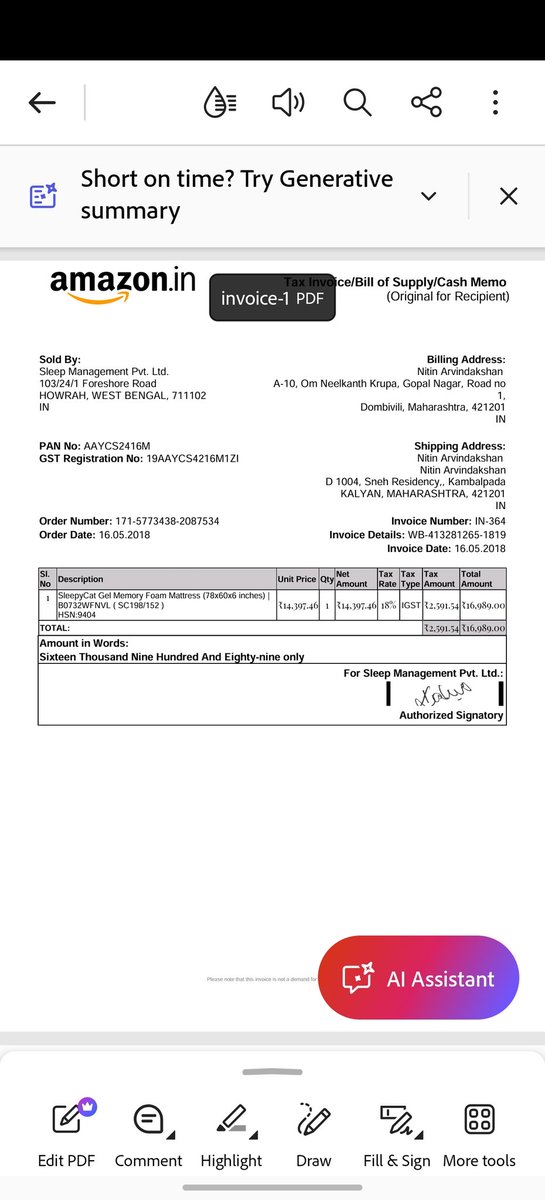 nitinabn28's tweet photo. @SleepyCat_India Had purchased a mattress via Amazon, however it has bulged in certain areas. Pls help. Invoice attached for reference https://t.co/Qy8a1ASV6P