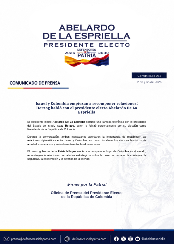 NoticiasRCN's tweet photo. La oficina de prensa del presidente electo, Abelardo de la Espriella, informó que tras una llamada con su homólogo de Israel, se "empiezan a recomponer relaciones". https://t.co/DsHFYkL3ao