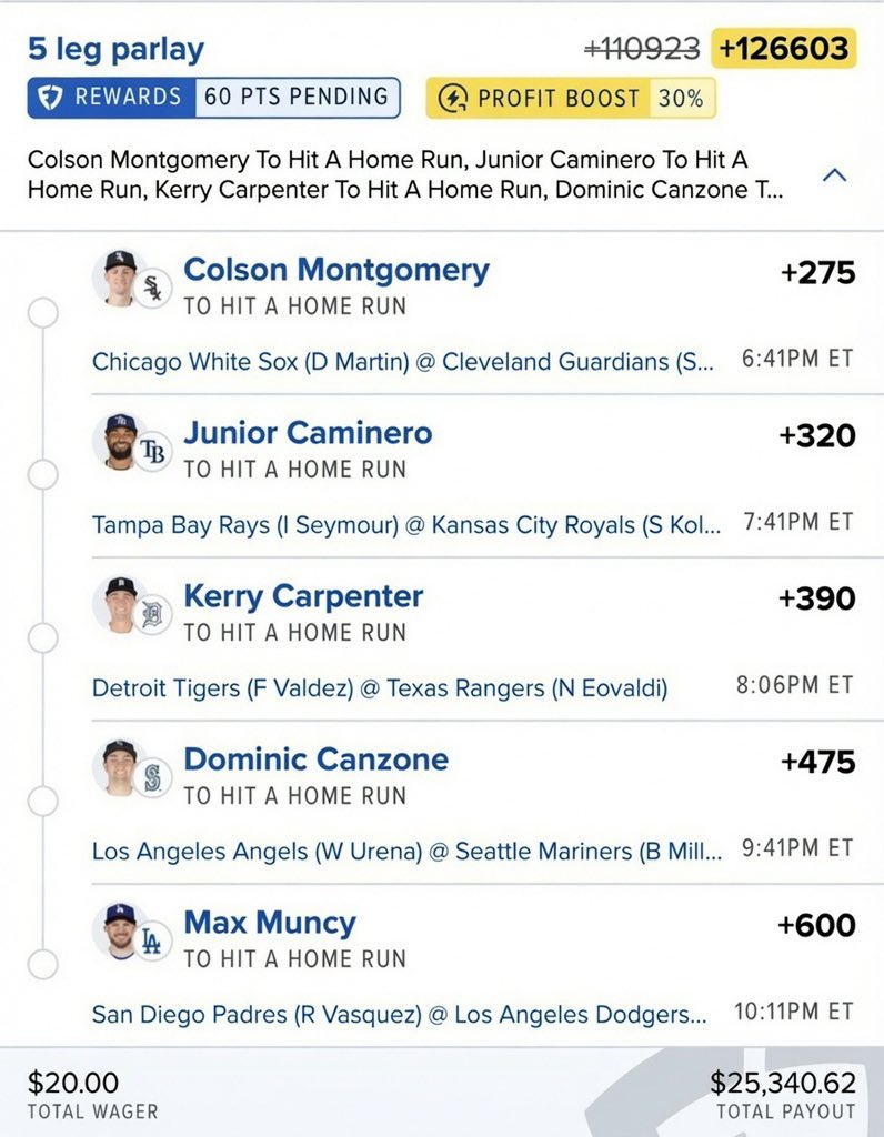 FcSlips's tweet photo. Turning $20 into $25,340.62 🚀

5-leg HR parlay loaded. Let’s cash 💣⚾
@Playbook https://t.co/gM5BaQYFHc