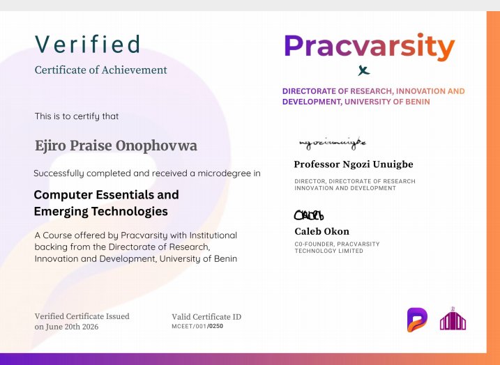 ONOPHOVWA's tweet photo. 🎉 A New Milestone, A New Beginning! 🎓✨

I am excited to share that I have successfully earned my Microdegree in Computer Essentials and Emerging Technology from Pracvarsity Technology. https://t.co/vu0PdzN0Jw
