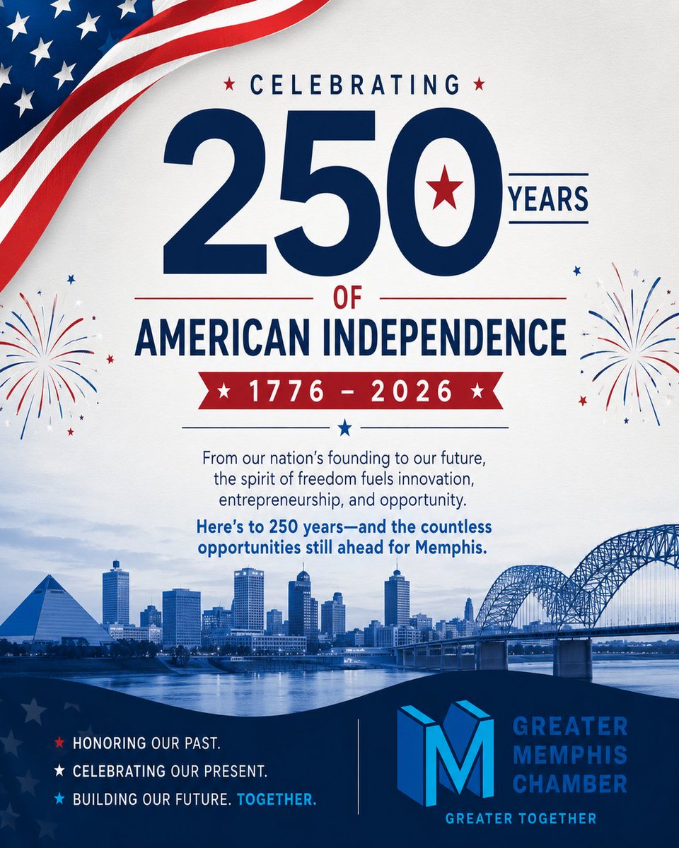 MemphisChamber's tweet photo. This Independence Day, we recognize the freedom that powers American business, innovation, entrepreneurship, and growth.

We are proud to support the companies driving jobs, investment, and opportunity across our region and beyond in @thedigitaldelta. 

Happy Independence Day. https://t.co/7n1cfj4ibr