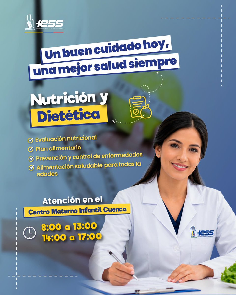 AzuayIESS's tweet photo. 🥦🍊 Desde Nutrición se evalúa, diagnostica y trata: 

▫️estado nutricional,
▫️patologías relacionadas con la alimentación mediante planes dietéticos personalizados,
▫️prevención de enfermedades crónicas

🔹 Centro Materno Infantil y Emergencias Cuenca, 2do piso. https://t.co/QcSJvwp0gb