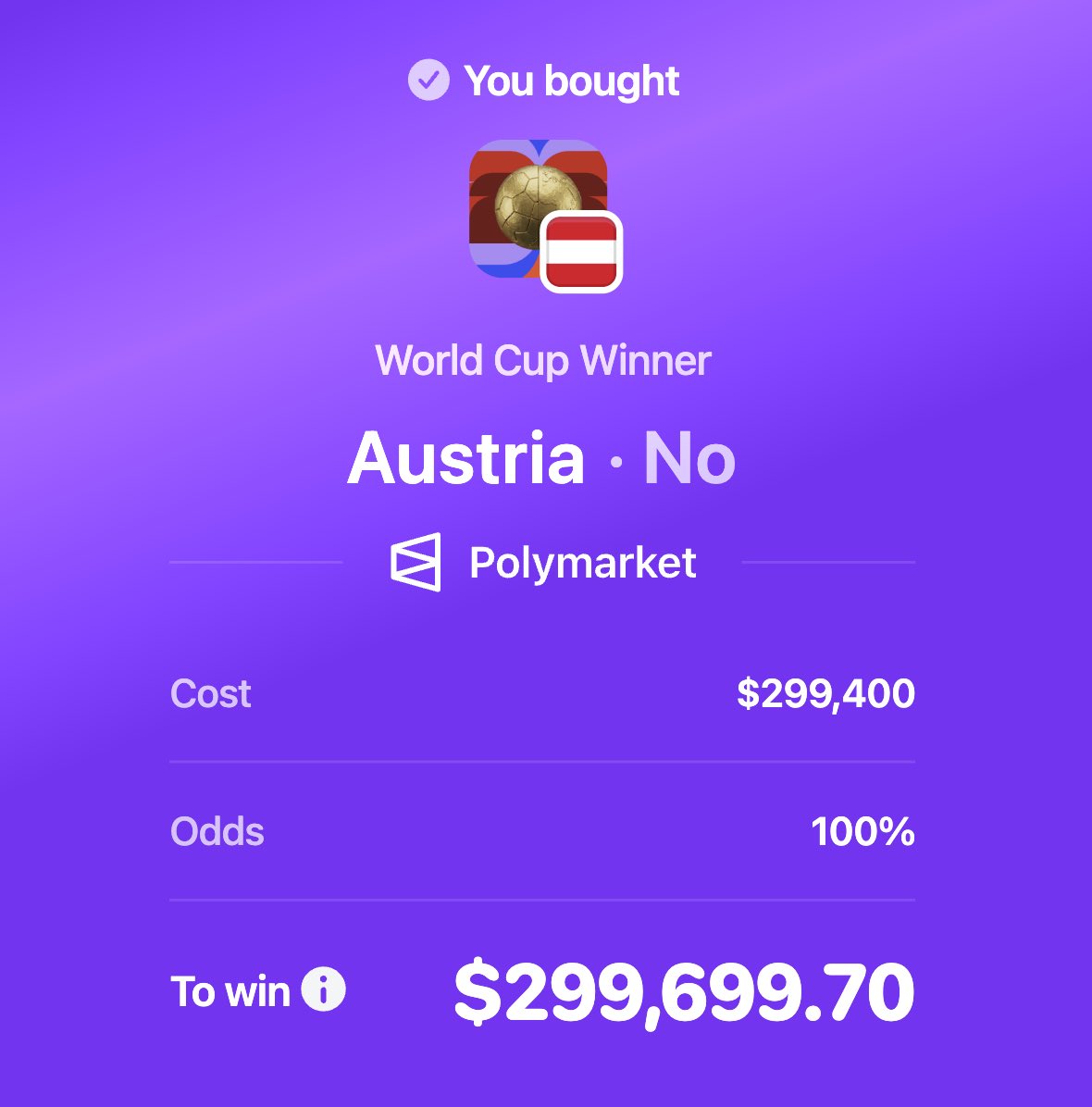 PolymarketSport's tweet photo. 🚨BREAKING: Someone put $299,400 on Austria NOT to win the World Cup

This pays out $299,699.70 on Polymarket https://t.co/2IulBdmJPC
