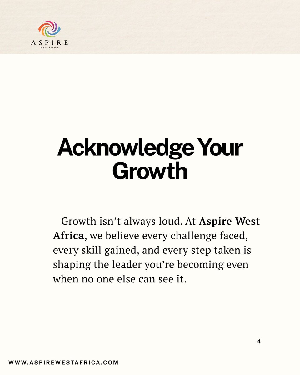 AspireWestAfric's tweet photo. Growth isn’t always obvious, but every step counts. Keep learning, stay consistent, and trust the journey.

At Aspire West Africa, we believe today’s effort shapes tomorrow’s opportunities.

Which slide spoke to you the most? 🌍

#AspireWestAfrica #Growth #Leadership #KeepGoing #Purpose #AfricaRising