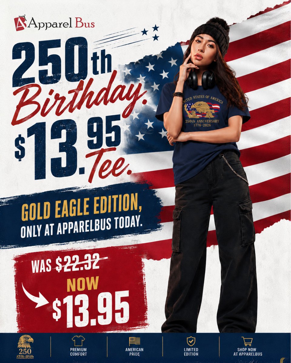 _ApparelBus_'s tweet photo. Celebrate 250 years of American pride in premium comfort! 🇺🇸✨
  
🔥 WAS $22.32 ➔ NOW JUST $13.95!
 
Grab this limited-edition piece of wearable history today.
 
👉 Shop now at https://t.co/wL0qgKMPPG
 
#ApparelBus #USA250 #AmericanPride #PatrioticStyle #4thofJuly https://t.co/h2dJ6mGK8f