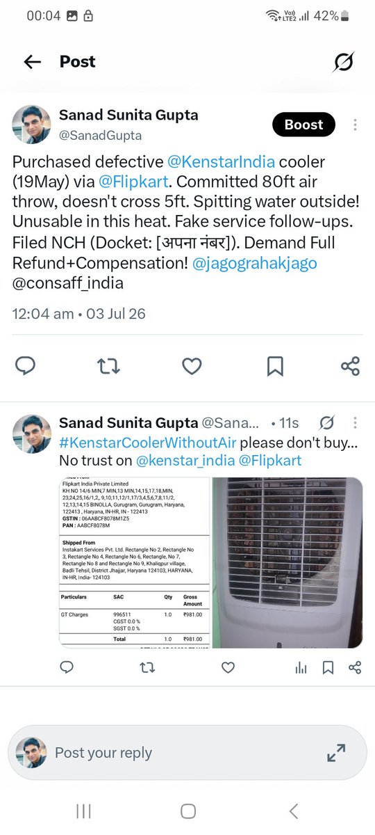 SanadGupta's tweet photo. @kenstarindia @Flipkart @jagograhakjago Don't trust @kenstar_india @Flipkart #KenStarCoolerWithoutAir https://t.co/dXLnGgsC2n