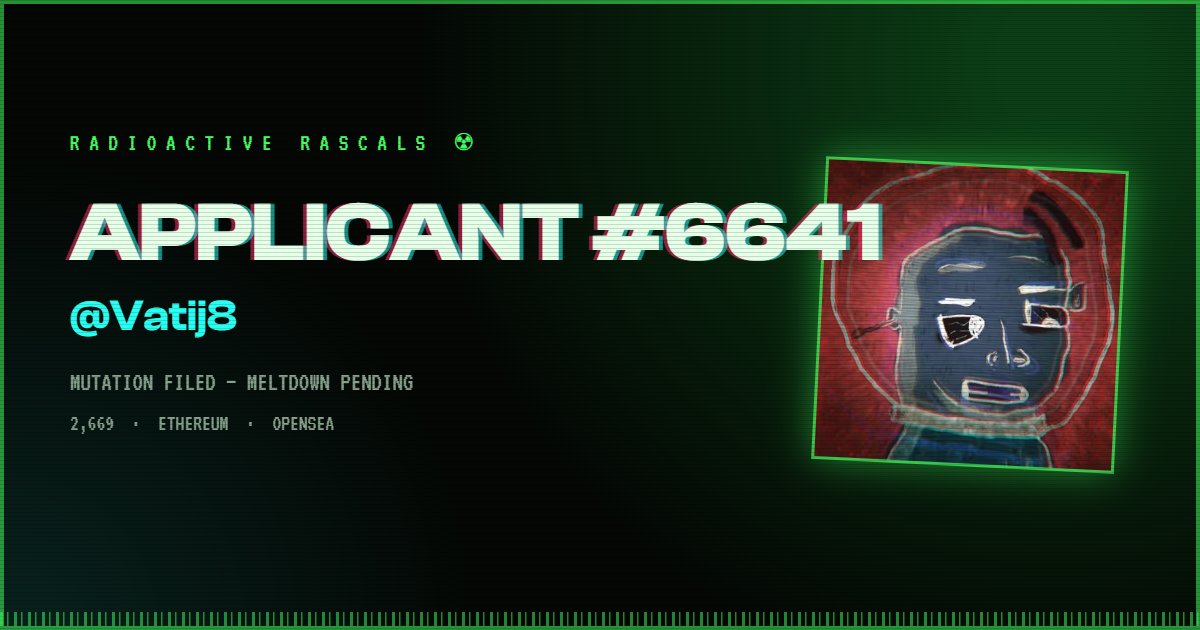 Vatij8's tweet photo. I just filed mutation #6641 for @radrascalsART ☢

2,669 Rascals about to melt the blockchain. The airlock is open — if you can find the code.

https://t.co/GbVyobuk9t 

Limited Edition access Code: RARCS https://t.co/WGLvoe4XQY