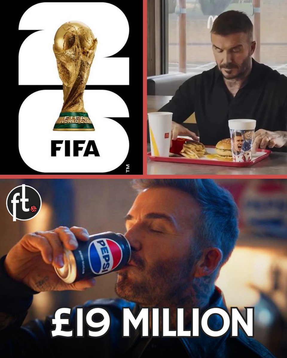 Footballtweet's tweet photo. 💰🤯 David Beckham is reportedly set to earn a staggering £19 million from commercial deals tied to the World Cup.

Beckham featured in campaigns for Pepsi, McDonald's, Lay's, Stella Artois, Home Depot, Bank of America, Verizon, and Adidas. 😳

While the world watched the football, Beckham has been banking an incredible fortune. 💸