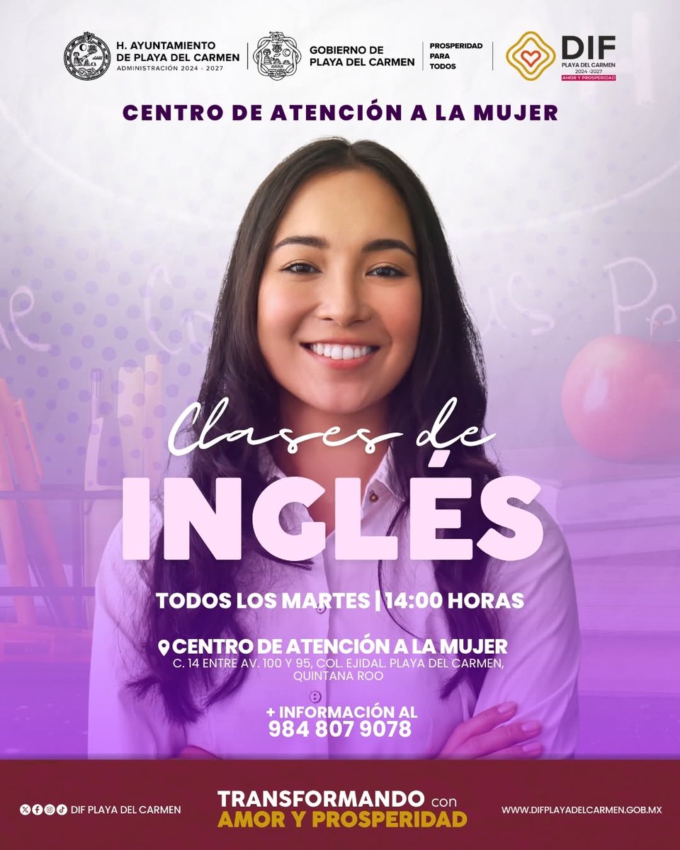 DIFPDC's tweet photo. Aprender un segundo idioma es una forma poderosa de invertir en ti misma. Únete a nuestro grupo de inglés en el Centro de Atención a la Mujer y camina con nosotros hacia un mejor futuro.

Para inscripciones llama al 984 807 9078. 📲

#DIFPlayaDelCarmen #PlayaDelCarmen https://t.co/v5oc5iWXAA