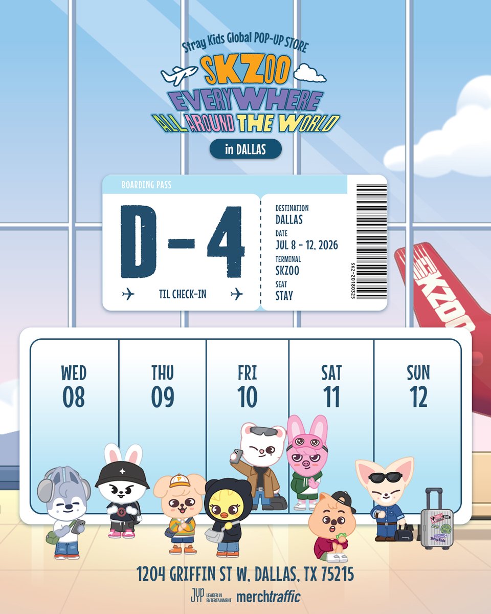 MerchTraffic's tweet photo. Stray Kids [SKZOO EVERYWHERE ALL AROUND THE WORLD in DALLAS] POP-UP STORE

𝗗-4 ✈️ DALLAS - your boarding pass is ready.

📅 DATE: 7/8 - 7/12
⏰ HOURS: WED - SAT 10:00AM - 6:00PM (CT) | SUN 10:00AM - 4:00PM (CT)
🌐 LOCATION: 1204 Griffin St W, Dallas, TX 75215

🎟️ RESERVATION SYSTEM
To help provide the best experience for every STAY, entry to the pop-up will operate on a reservation system from 10:00AM - 2:00PM daily.

✅ 10:00AM - 2:00PM: Admission for reservation holders only
✅ 2:00PM onwards: Walk-ins welcome on a first-come, first-served basis

📲 Reservation Opens: July 6th at 10:00AM (CT)
Please scan the QR code on Slide 2 to secure your reservation slot.

✅ All merchandise is available in limited quantities, and actual products may vary slightly from images.

✅ TERMS & CONDITIONS
Please review the event guide and Terms & Conditions before your visit.

Come explore the merchandise and immerse yourself in the SKZOO world!

#StrayKids #SKZOO
#SKZOO_EVERYWHERE_ALL_AROUND_THE_WORLD_in_Dallas_POPUP
#MERCHTRAFFIC
#SKZ_POPUP
#YouMakeStrayKidsStay