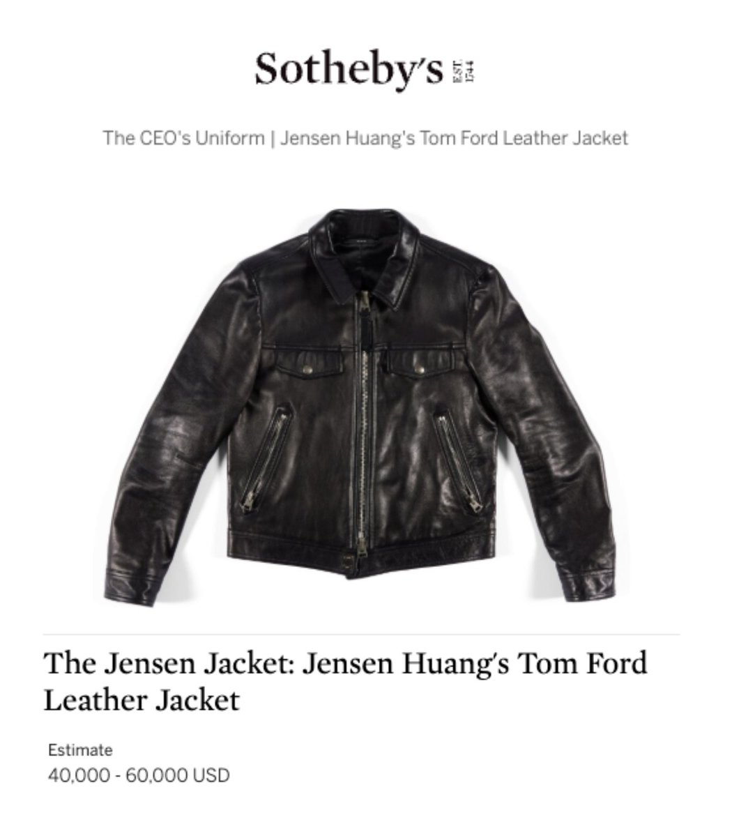 Polymarket's tweet photo. JUST IN: Sotheby’s is auctioning Nvidia CEO Jensen Huang’s signature black leather jacket, estimated at $40,000 to $60,000. https://t.co/TN118mfffO