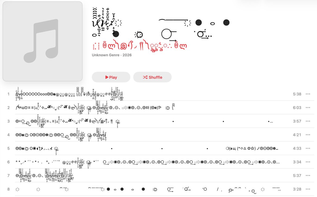 pleasuresystems's tweet photo. spent $6 on the new bandcamp release from four tet's wingdings alias and the file names are so insane it completely crashed my music app. quit and retried four times, can't get a single one to play. well done... https://t.co/ZQ9altPlqO