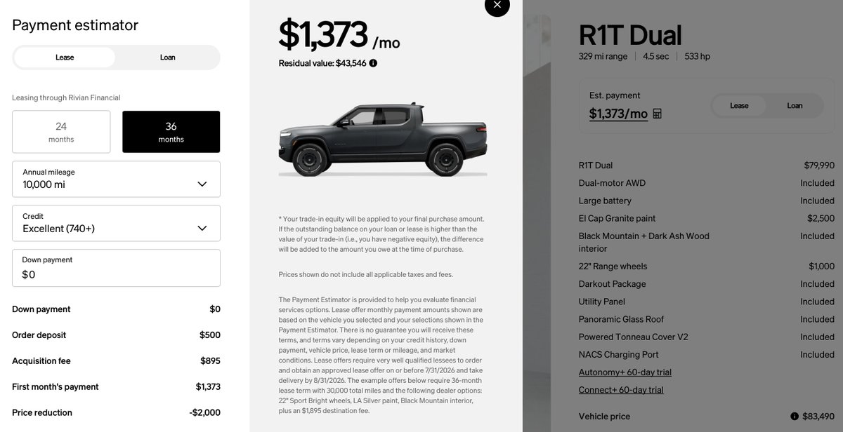 ArrOneTee's tweet photo. Anyone leasing a new R1 today is nuts.  The leftover standard variant is just as bad too.  Just say no to these crappy leases, your wallet will thank you later. https://t.co/XmXe30ws4P