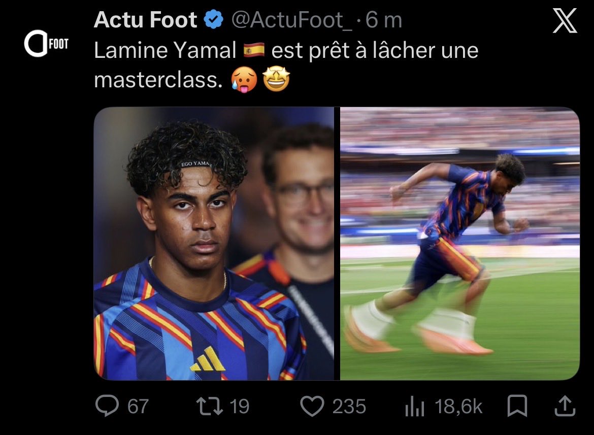 maesenhess's tweet photo. Je crois que Yamal est titulaire, beau et va lâcher une masterclass ce soir mais j’suis pas sûr https://t.co/RKNByazjt5