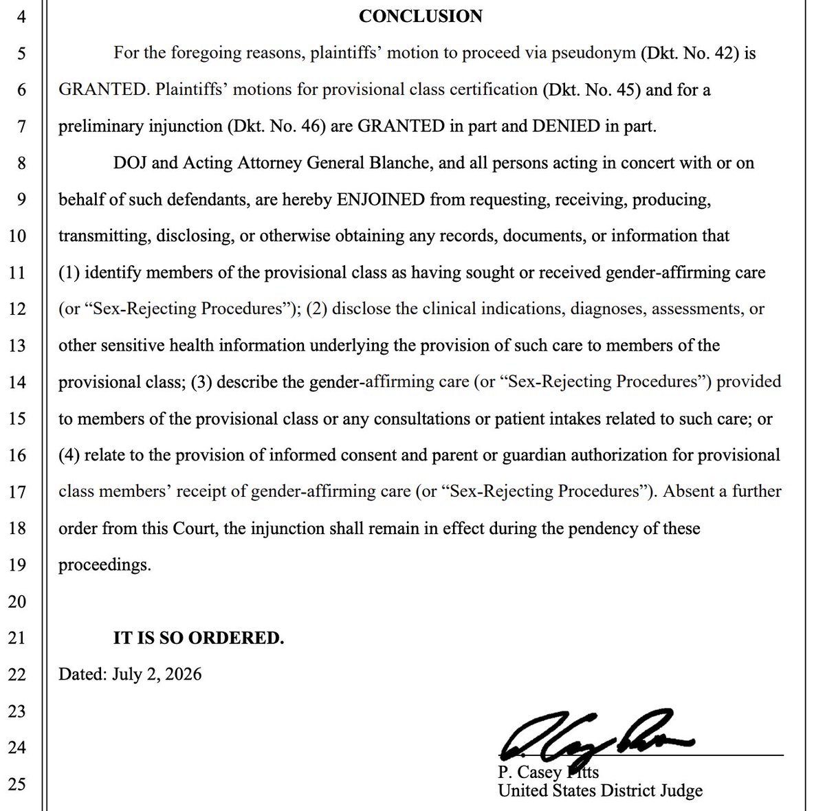 chrisgeidner's tweet photo. BREAKING: Federal judge blocks DOJ from requesting or receiving patient information about those who have received gender-affirming medical care as minors at Packard Children's Hospital (Stanford).

The is the second order blocking these grand jury subpoenas: https://t.co/Gi9CCCmeUq