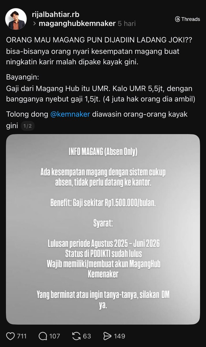 hrdgenz's tweet photo. jadi ada perusahaan yang memanfaatkan maganghub

ceritanya gini:

perusahaan ikut maganghub buat nerima anak magang dan anak magang ini cuma absen aja pas pulang lalu dia tiap bulan dapat 1,5jt tanpa ngapa"in dan sisanya perusahaan yang dapat

teknis absensi di maganghub itu anak magang cuma list aja kegiatan sehari" ngapain di web dan bakal di approve sama mentornya

gw rasa ini hrus di evaluasi juga sistem absensi buat anak magang sih. tolong ini anukan dulu pak biar ngga gitu lagi @KemnakerRI