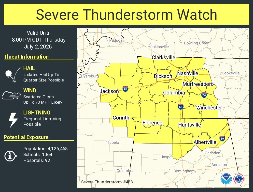 NWSNashville's tweet photo. A severe thunderstorm watch has been issued for parts of Alabama, Mississippi and Tennessee until 8 PM CDT https://t.co/rIgEbtemSg
