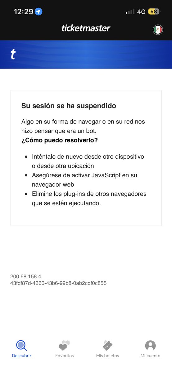 Emily_Esqueleto's tweet photo. @Ticketmaster_Me mi cuenta se suspendió esta mañana intentando comprar boletos para Mike Patton, ¿cómo se le va a quitar la suspensión a mi cuenta? Evidentemente no soy un bot. https://t.co/3bCXl5wyqb