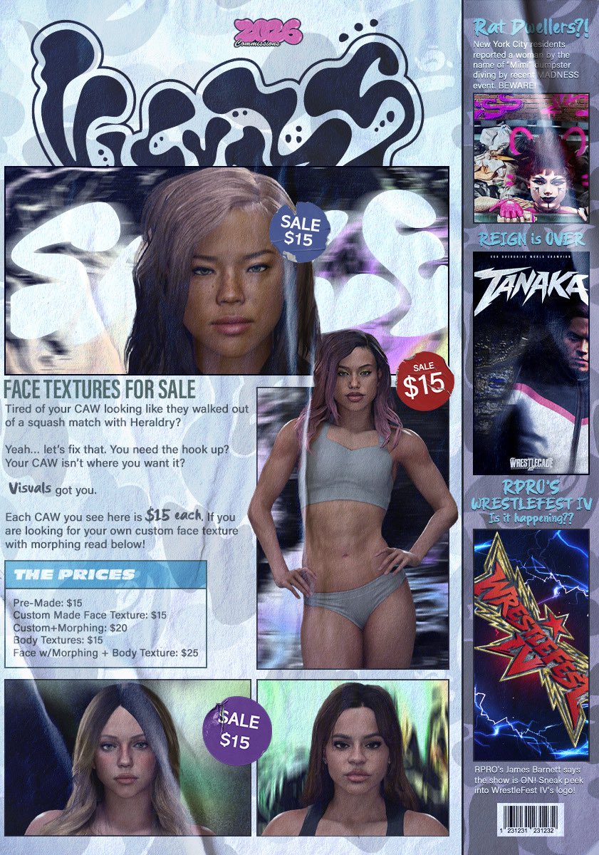 TheMinamiStar's tweet photo. Face Textures For Sale!
———
- 12 Available CAWS
- $15 Each
- More prices listed on PG. 1 for Texture Commission Prices
- DM if interested

💸 Accept PayPal, Cash App, Venmo, &amp; Zelle

📖 Check PG. 3-4 for close ups and full catalog 
———
#WWE2K26 https://t.co/dJCyUtHhFa