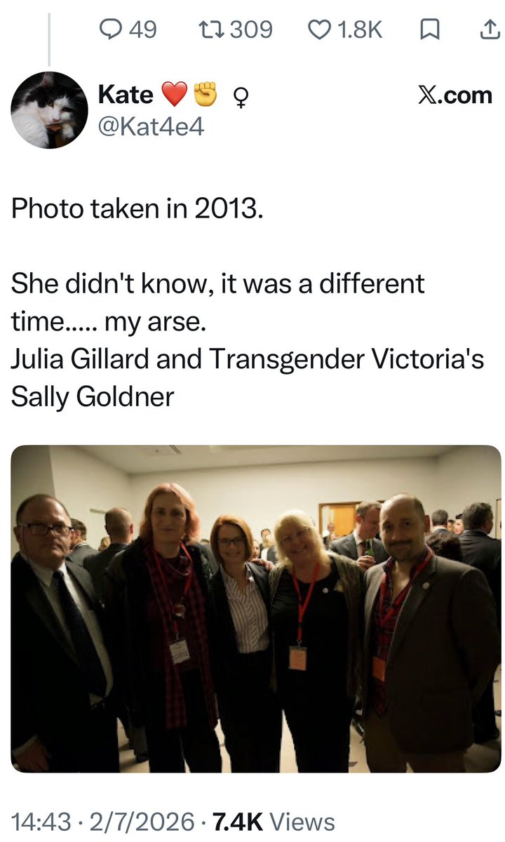 ActiveLesbians's tweet photo. Can the next person who challenges her in TERF Island please ask her about “Sally”Goldner? Did he and his pals from Transgender Victoria just walk into Parliament House and ask her if she’d mind just popping gender identity into law for them? Sure looks that way, @JuliaGillard https://t.co/nDLjbjcaYX