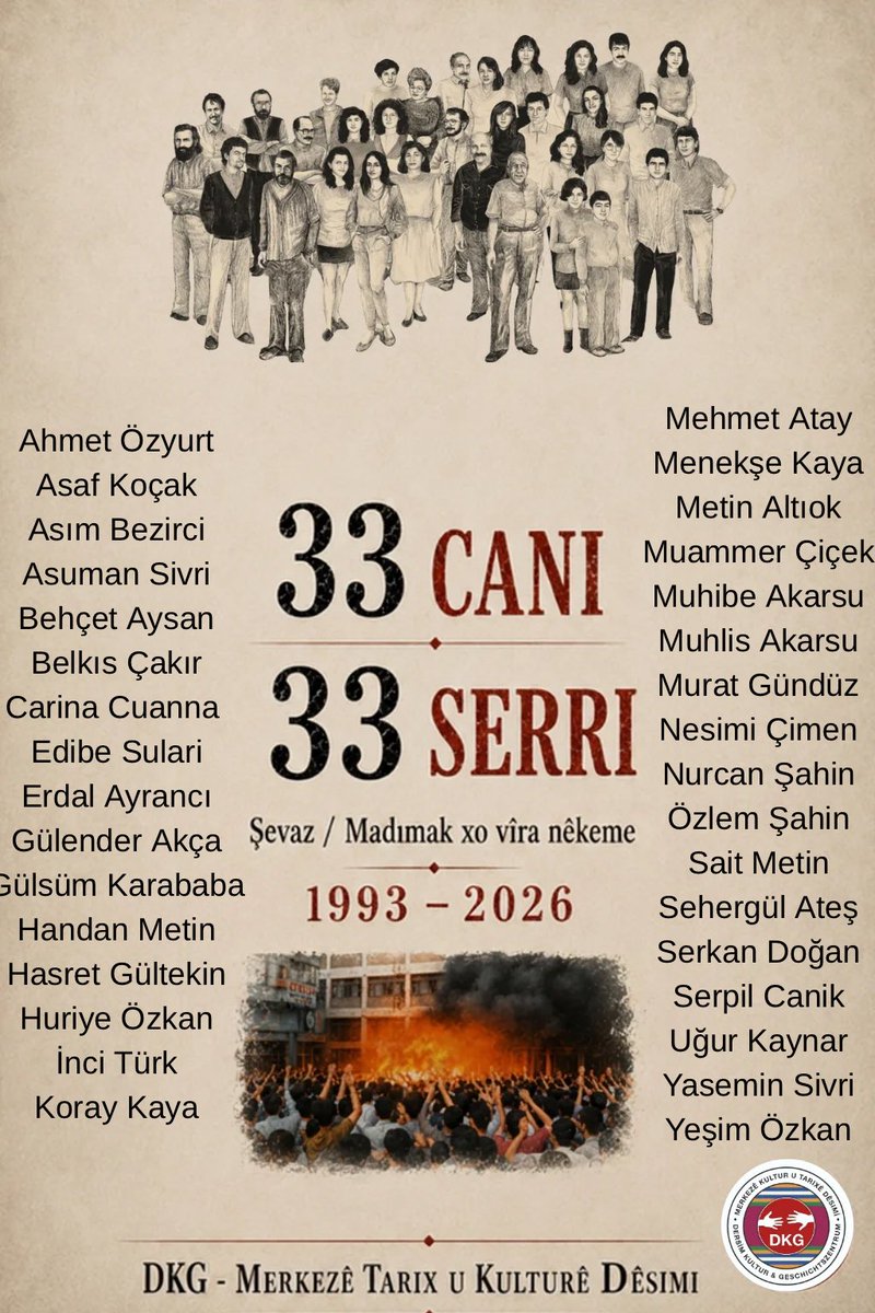 DKGDersim's tweet photo. 02.07.1993, 
Adırê Şevaz’i ra dıme dina biye tıng u tariye.
Solıxê ma bırıya, cenê ma ra 33 cani şi.

Şevaz (Madımak) khulê zerrê mawo, xo vira nêkeme.

#Sivas #Madımak #SivasMadımak #SivasKatliamı 
#UnutMADIMAKlımda https://t.co/6oVCy4Zlw3