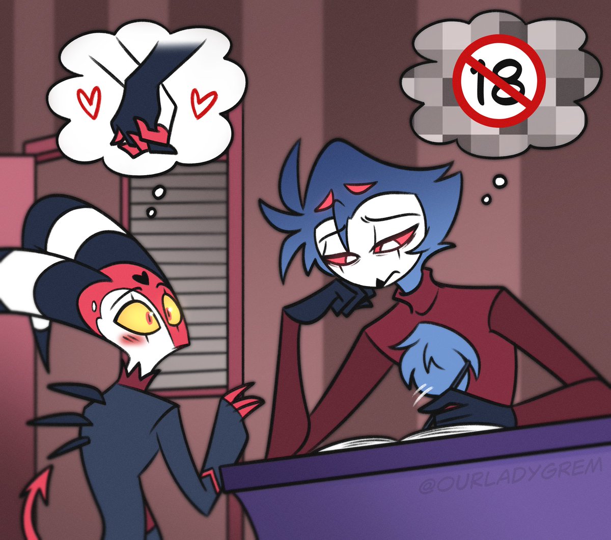ourladygrem's tweet photo. Stolas' fantasy 🔥
(page two + bonus panel)

#helluvaboss #stolitz #blitzo #stolas https://t.co/evqcmkKIKh