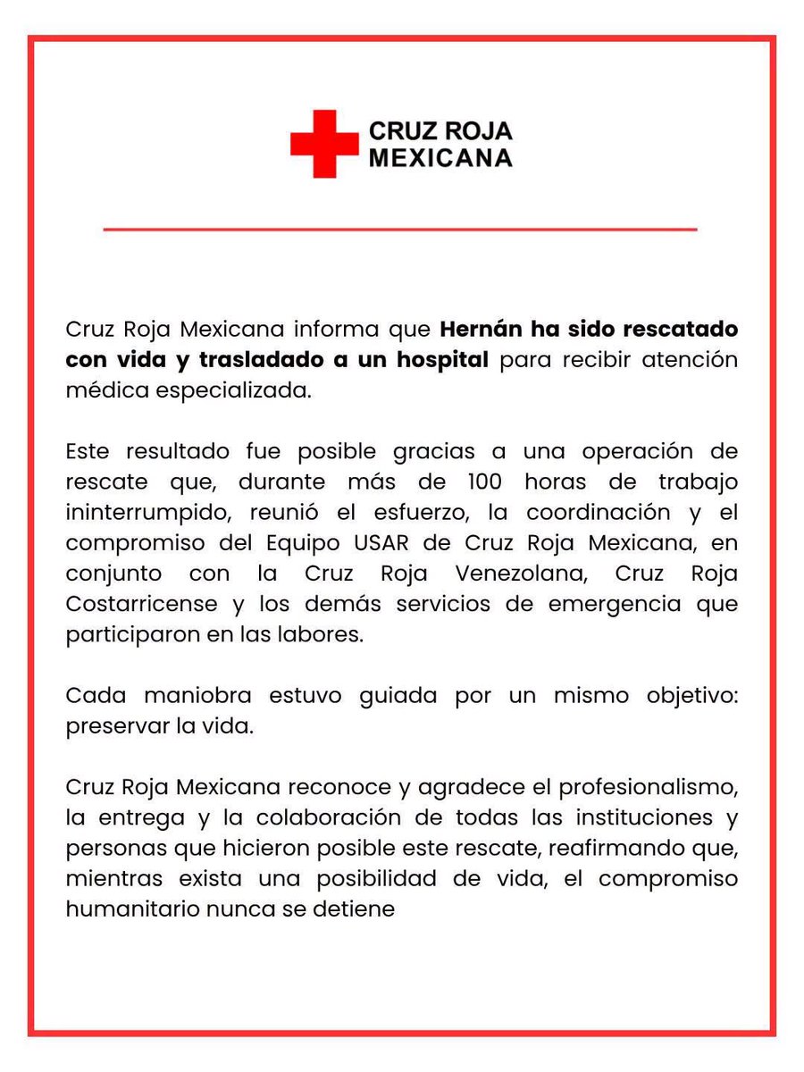 FOFORO99's tweet photo. La buena noticia de hoy en la tragedia que vive #Venezuela 🇻🇪 cortesía de la @CruzRoja_MX 🇲🇽
👇🏾👇🏾👇🏾
"#HERNAN FUE RESCATADO CON VIDA DE LOS ESCOMBROS"
👏🏾👏🏾👏🏾👏🏾👏🏾👏🏾👏🏾 https://t.co/fpQ0qY8ZsW