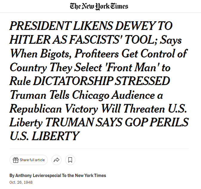 conjunction77's tweet photo. @merelyjwright It goes back further than that. Thomas Dewey was compared to Hitler by Truman in 1948. Democrats have been calling Republicans "Hitler" pretty much since there has been a Hitler. https://t.co/Wv4gdfaC3b https://t.co/FhjOzywz0d