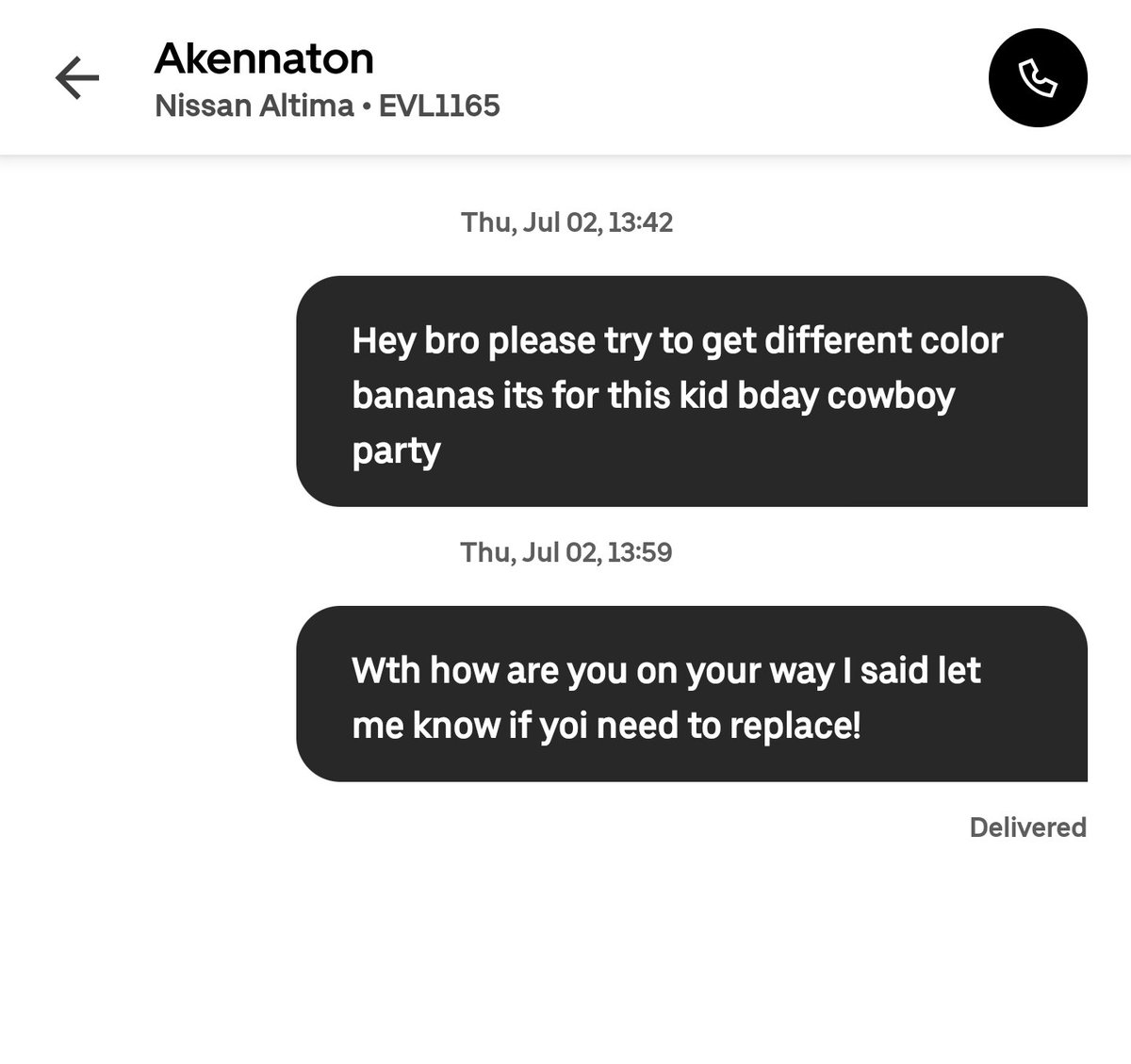 DavidZiant's tweet photo. @Uber_Support Uber support is horrible I spoke to 8 reps that couldn't do a refund or a credit.. I told this dude to get different colors he got a different item. Uber issued no refund after I told them to cancel because he never contacted me , he just replaced the items!. BS https://t.co/Obv7BFNVGK