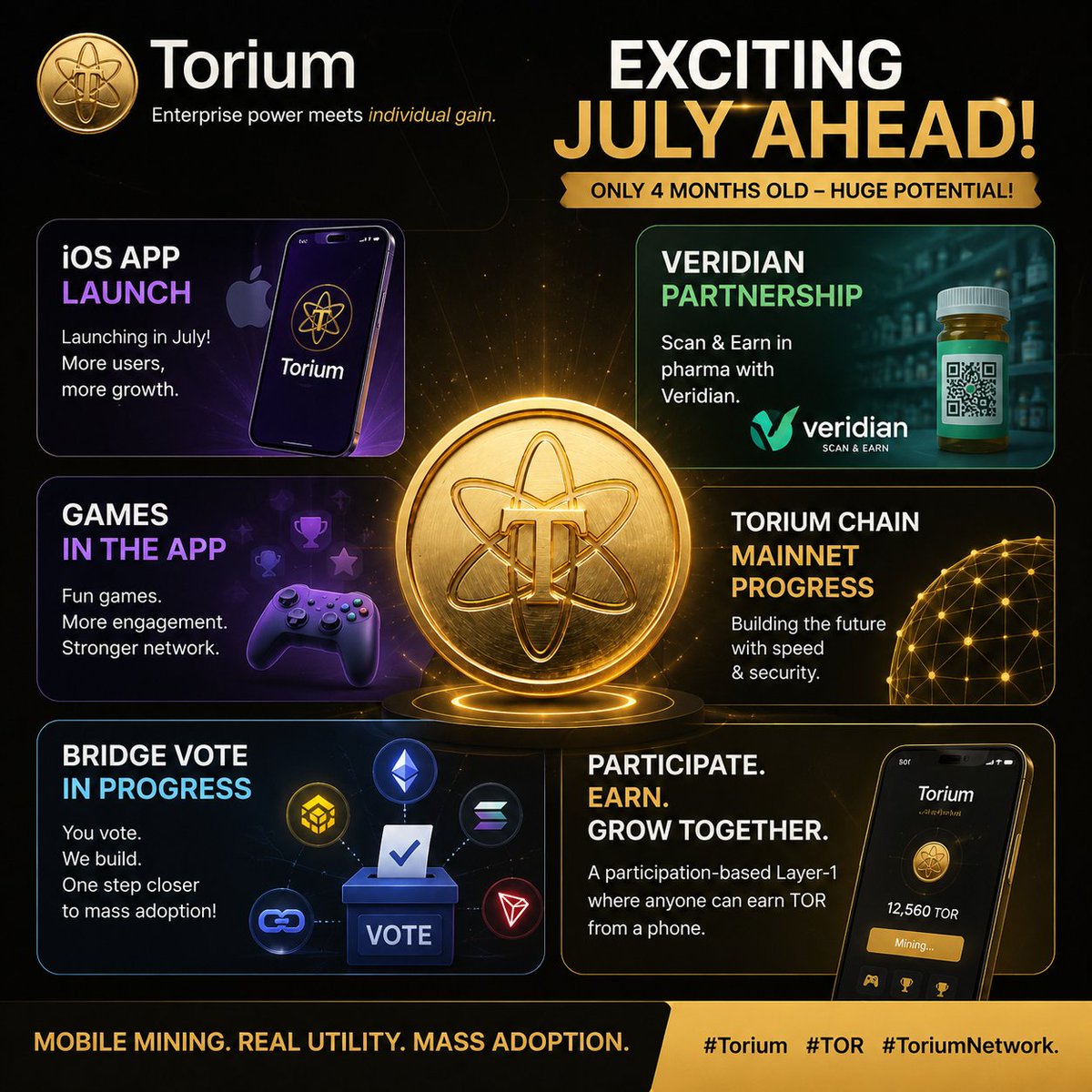 Srk963's tweet photo. Exciting July ahead @ToriumNetwork! iOS app launch, ongoing Veridian partnership for Scan & Earn in pharma. Games enhancing app experience. Torium Chain mainnet progress + bridge vote. Only 4 months old—huge potential! @ToriumNetwork #Torium #TOR #ToriumNetwork https://t.co/yr9inCFazf