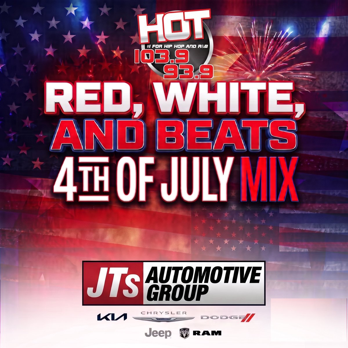 HOT1039SC's tweet photo. #Happy4thOfJulyWeekend 🇺🇸🇺🇸 🇺🇸 Tune in all weekend for the #HOT1039and939 Red, White and Beats 4th of July Mix brought to you by our Friends at JT’s Automotive Group: Kia, Chrysler, Dodge, Jeep, And Ram https://t.co/Jw4larWptY