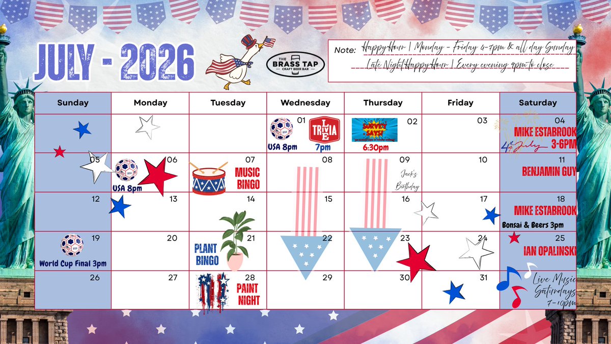 brasstapPC's tweet photo. 🎇 JULY 2026 🎆

4 | Mike Estabrook 3-6pm! 🎶
4 | Fourth of July! 🎆 Open until midnight!
5 | LAST DAY FOR THE SLIDER MENU! 🍔
6 | USA 8pm ⚽
7 | Music Bingo🎶
9 | Jack's Birthday🎂
11 | Benjamin Guy 🎶
13 | Ladies of Flagler Co. 4:30pm
14 | South Wave Off Roaders 6pm
15 |... https://t.co/vP96iE6N4z