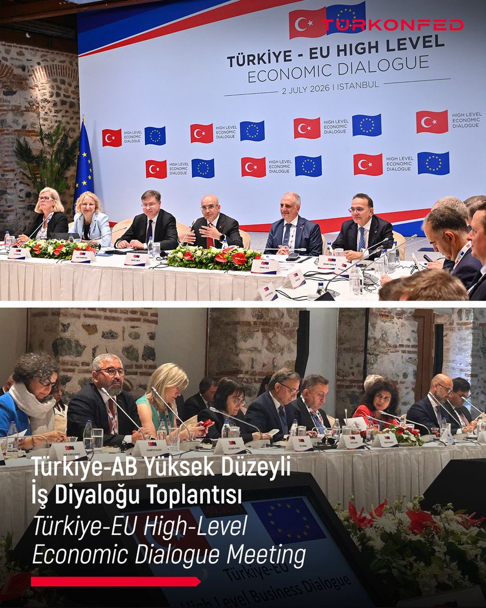 turkonfed's tweet photo. Maliye Bakanı Mehmet Şimşek’in davetiyle, Sayın Bakan ile Avrupa Komisyonu Ekonomi ve Verimlilik; Uygulama ve Sadeleştirmeden sorumlu Komiseri Valdis Dombrovskis’in eş başkanlığında gerçekleşen Türkiye-AB Yüksek Düzeyli İş Diyaloğu toplantısına katılım sağladık. TÜRKONFED Yönetim Kurulu Başkan Yardımcısı ve Yeşil Dönüşüm Komisyonu Başkanı Onur Ünlü’nün kurumumuzu temsil ettiği toplantıda,

Avrupa’nın yeniden sanayileşme arayışının meşru olduğunu ancak yeni rekabetçilik vizyonunun, AB ekonomisiyle derin entegrasyona sahip Türkiye sürece dahil edilmediği takdirde başarıya ulaşamayacağını bir kez daha vurguladık. 

- Türkiye'nin "Avrupa’da üretilmiştir" çerçevesinin içinde konumlandırılmasının önerilmesinin olumlu bir ilk adım olması ve karşılıklılık ilkesinin sağlanması ile birlikte sürecin aynı doğrultuda ilerlemesi,
- Sanayi Hızlandırma Yasası’na benzer şekilde, Temiz Sanayi Mutabakatı ve gelecek girişimlerin de AB'nin en yakın ekonomik ortaklarından Türkiye'yi kapsayan bir Avrupa tanımıyla hayata geçirilmesi,
- Enerji güvenliği, kritik hammaddeler, batarya teknolojileri ve yeşil sanayi altyapısı gibi alanlarda Türkiye’nin üretim ve lojistik kapasitesinden yararlanılması,
- AB-Türkiye Gümrük Birliği'nin modernizasyonu konusunda somut adım atılması,
- Savunma, bağlantısallık, dijital ekonomi, yapay zeka, siber güvenlik, e-ticaret, temiz enerji ve net sıfır teknolojileri gibi alanlarda ortaya çıkan yeni iş birliği ve yatırım fırsatlarının KOBİ’lerimizce değerlendirilebilmesi, ve
- Kısa vadede Türkiye’nin SEPA “Tek Euro Ödeme Alanı”na dahil olması ve yine Türkiye - AB arasında ücretsiz mobil dolaşım imkanı sağlayacak bir düzenlemenin hayata geçirilmesinin önemini dile getirdik.