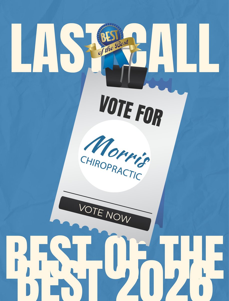 MorrisWellness1's tweet photo. 🚨 TODAY IS THE LAST DAY TO VOTE! 🚨

Morris Chiropractic has been nominated for Best of the Best 2026 🏆 and we need YOUR support to make it to the next round!

🗳️ Vote here: https://t.co/sYFwz7qIie

✔️ You can vote once per day
✔️ Voting ends TONIGHT! https://t.co/LtPNodOKzf