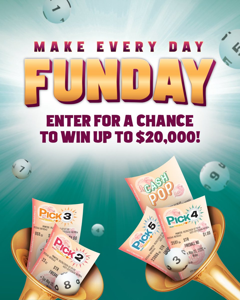 floridalottery's tweet photo. 💰 Enter for your chance to win up to $20,000! 💰

Starting today through September 20, 2026, all CASH POP tickets and any $1+ PICK Daily Games tickets purchased during the entry period can be entered for a chance to win big in the CASH POP & PICK Daily Games promotion. 🎟️✨ #FloridaLottery