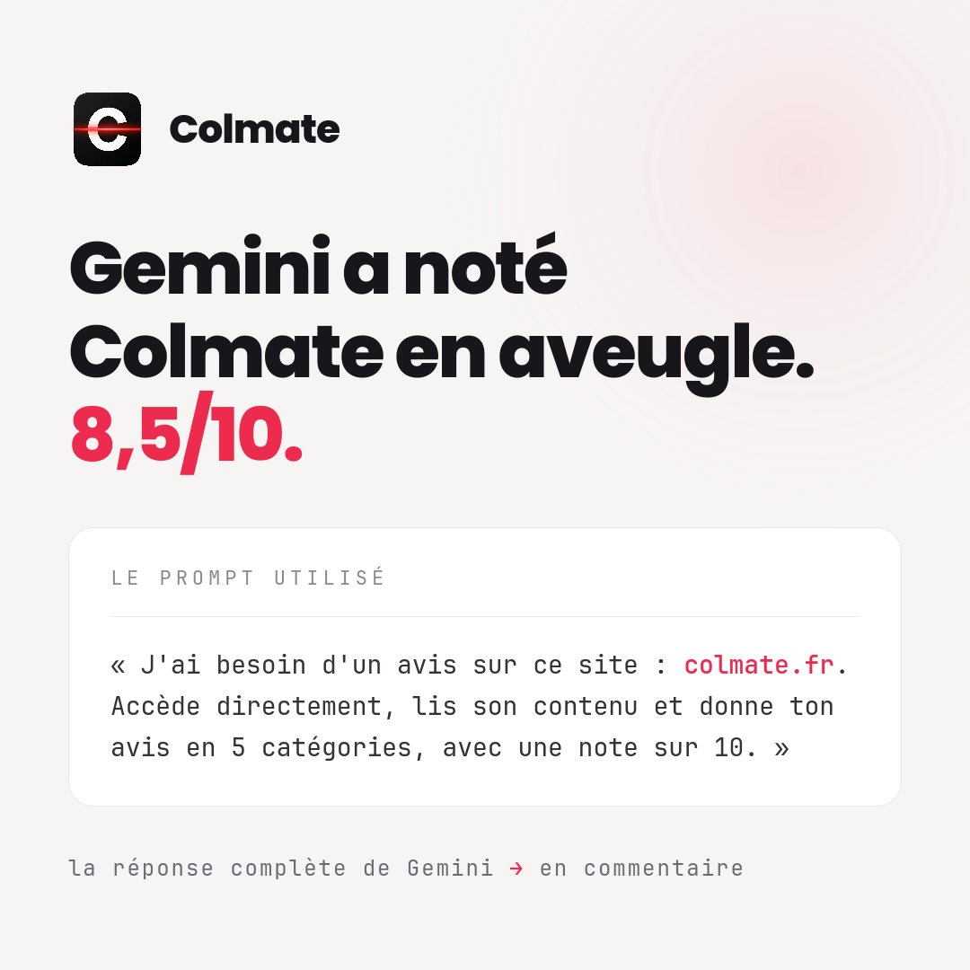 BenColmatevf's tweet photo. Fait noter ton site avec le prompt.
Remplace évidemment par le tien.
Ça te donne des axes d amélioration que tu ne verrais peut être pas.

Si t es curieux voilà la conv avec gemini en full transparence :

https://t.co/onDNhQLk4N https://t.co/9ix6KmB75s