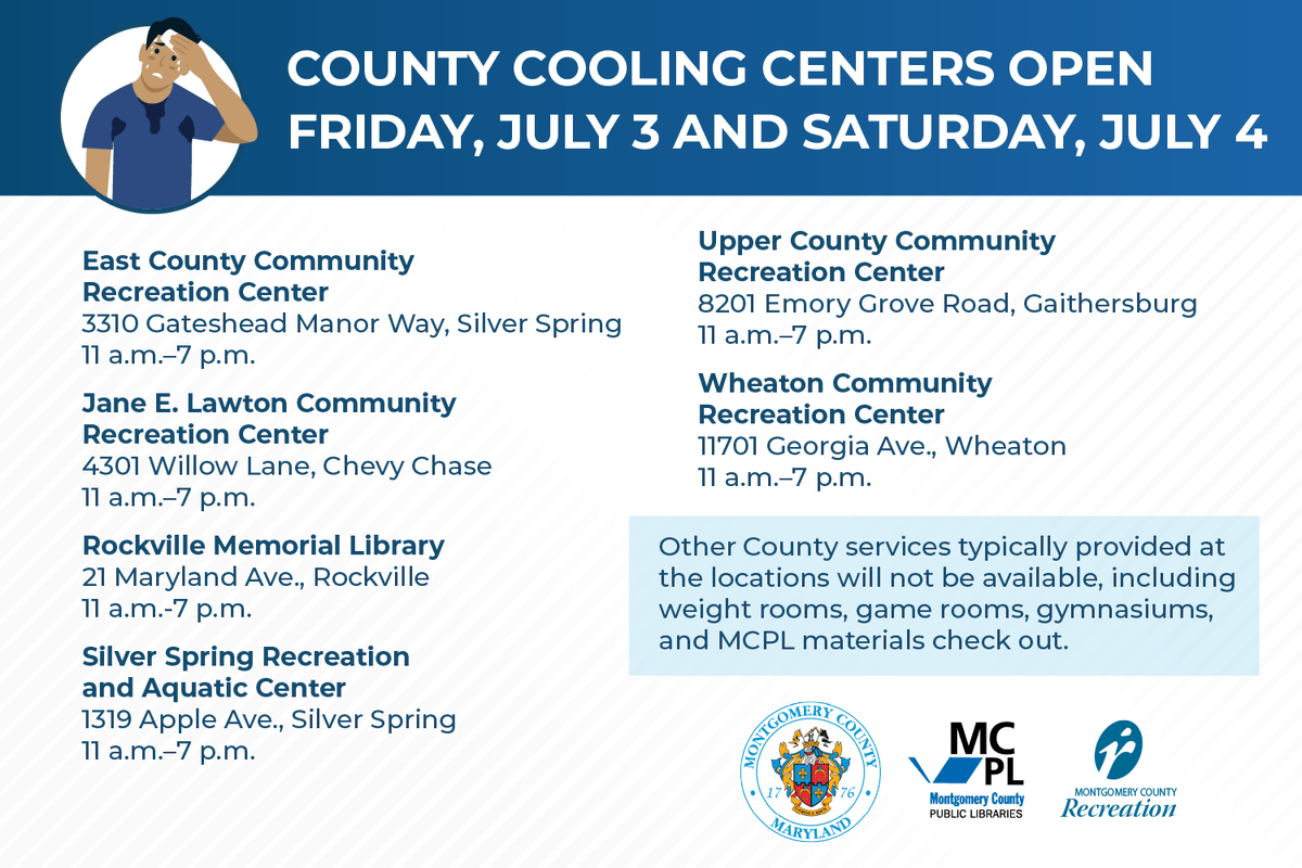 MontgomeryCoMD's tweet photo. 🌡️ Dangerous heat is expected through the holiday weekend. If you need a place to cool off, Montgomery County will have designated cooling centers open Friday, July 3 and Saturday, July 4 from 11 a.m.–7 p.m. Check the graphic for locations.

ℹ️ https://t.co/6VyB2feooI https://t.co/lA8vmQTK5M