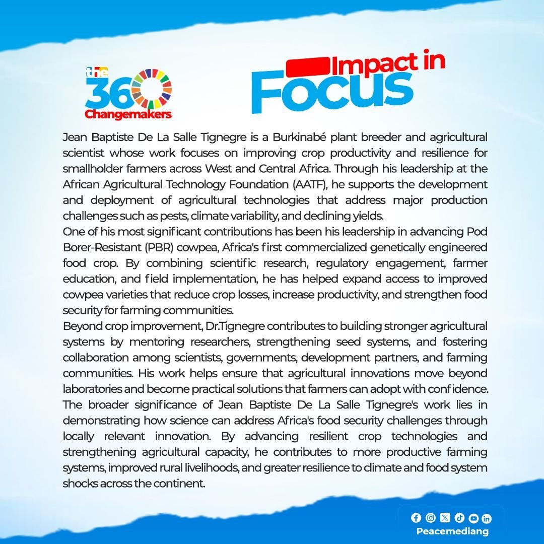 PeacemediaNG's tweet photo. Dr. Jean Baptiste De La Salle Tignegre is advancing agricultural innovation through AATF, helping smallholder farmers access climate-smart technologies that strengthen food security, resilience, and sustainable livelihoods.
#PeaceMedia #the360changemakers #164of360 https://t.co/3LWpyNEKHw