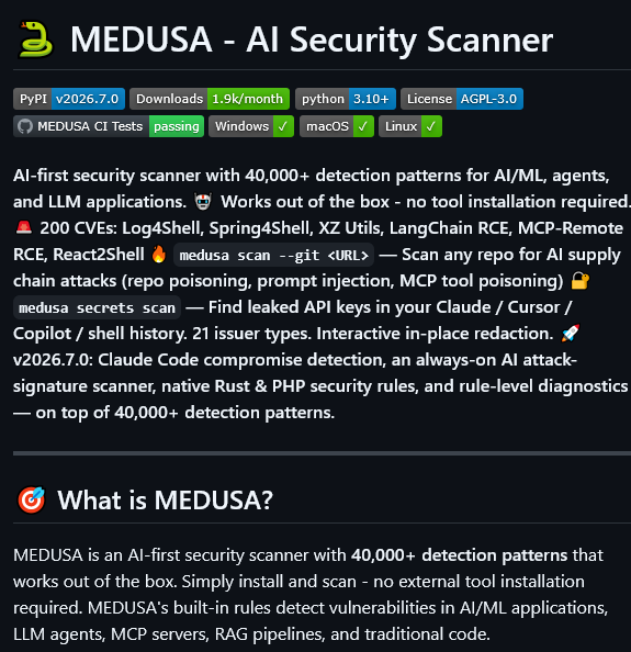 0x0SojalSec's tweet photo. A scanner that checks GitHub repos for AI supply chain attacks using 40,000+ detection 200+ CVEs patterns.  

Scans any GitHub repo instantly for supply chain attacks, weaponized configs, and hidden compromises, Repo poisoning, prompt injection, MCP tool abuse, leaked keys in Claude/Cursor history catches it all in seconds.  

- https://t.co/7OD6oGHgBA