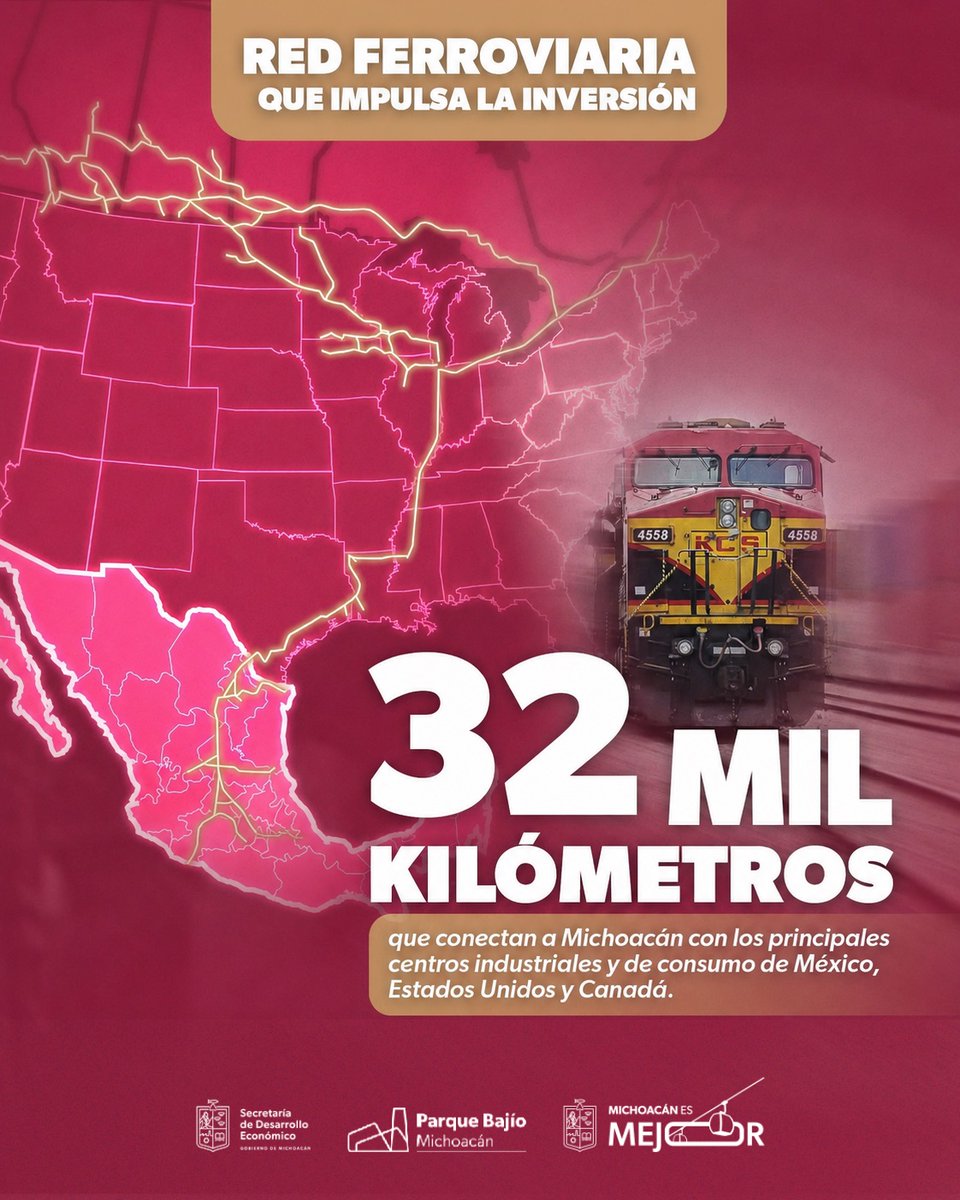 GobMichoacan's tweet photo. Michoacán avanza con infraestructura a la altura de su potencial. Gracias a una red ferroviaria de 32 mil kilómetros, fortalecemos nuestra competitividad logística, atrayendo más inversiones y desarrollo a nuestra tierra. #MichoacánEsMejor https://t.co/TGfNOkj0dX