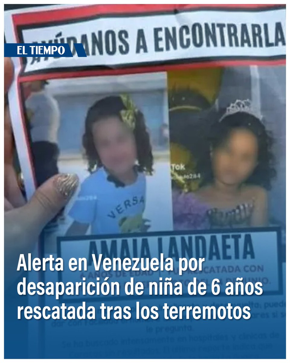 ELTIEMPO's tweet photo. 🔴🇻🇪Alerta en Venezuela por desaparición de niña de seis años rescatada tras los terremotos: investigan posible red de trata de menores. 

La menor fue vista por última vez en un hospital, mientras crecen los llamados a reforzar los protocolos de protección de menores.

Más detalles aquí ⬇️
https://t.co/nTwAkGbSOx