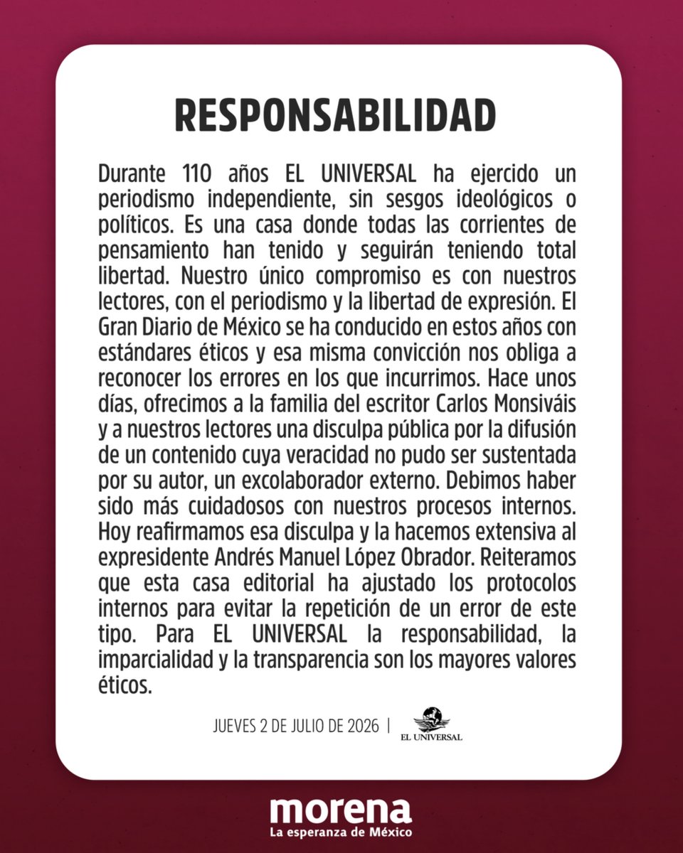 PartidoMorenaMx's tweet photo. La mentira cuando no mancha, tizna.

Sabemos que los desmentidos difícilmente tienen más alcance que la mentira inicial, por eso hoy publicamos en nuestras redes la disculpa que ofrece El Universal al Presidente @lopezobrador_  por la mentira que publicaron en una entrevista hace días.