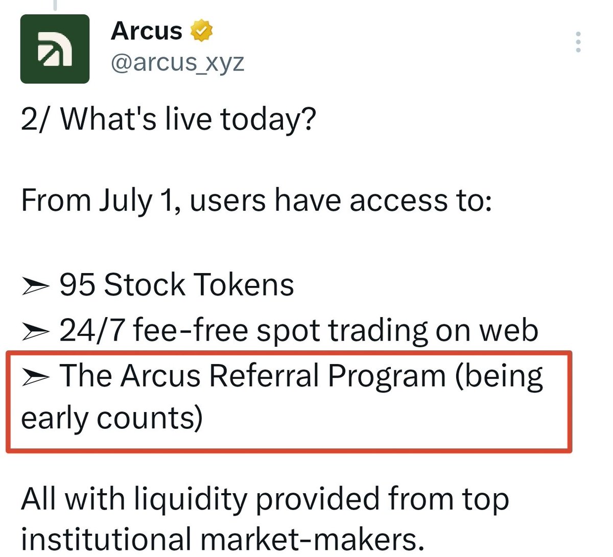 pran_to0's tweet photo. @arcus_xyz  is one of the most exciting new projects I'm watching in 2026🚀

Built by the team behind @dydxfoundation  Labs and launching on @RobinhoodApp  Chain, Arcus is bringing the future of on-chain trading together.
 🔹 24/7 Tokenized Stock Trading
 🔹 Spot & Perpetual Markets
 🔹 Self-Custody Trading
 🔹 Next-Generation On-Chain Finance 
👀What's live already?
✅ 95 Stock Tokens
✅ 24/7 Fee-Free Spot Trading
✅ Arcus Referral Program — because being early matters.
Another interesting detail: the dYdX Foundation has shared that any future Arcus token allocation will reserve a portion for the dYdX community.

No official airdrop has been announced, but I'm joining early, exploring the ecosystem.

#arcus_xyz #RobinhoodChain #dYdX #DeFi #CryptoAlert #Web3 #airdrop2026