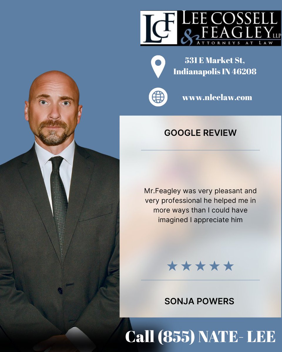 AttyNathaniel's tweet photo. Attorney Bob Feagley, take the word of our clients! #LeeCossellandFeagley #LcfLaw #personalinjury #indianapolis #googlereviews https://t.co/rXKqr16QA0