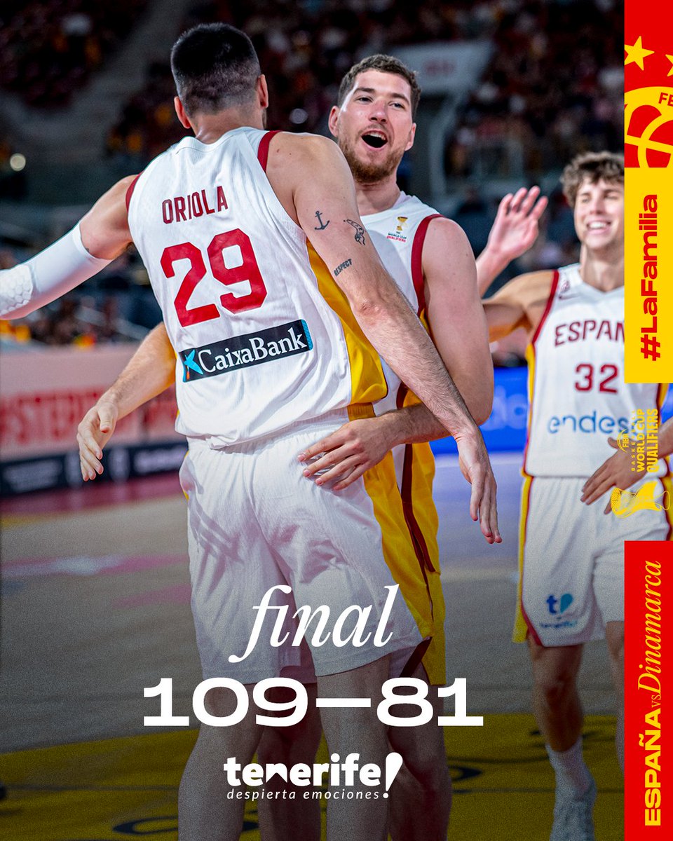 BaloncestoESP's tweet photo. 𝙎𝙚𝙜𝙪𝙞𝙢𝙤𝙨 𝙄𝙉𝙑𝙄𝘾𝙏𝙊𝙎 🔥

#LaFamilia brilla en Madrid‼️

🏆 Clasificación @FIBAWC
🇪🇸🆚🇩🇰 
FINAL | 109-81
📌 Caja Mágica

#SomosEquipo https://t.co/qYfl9RtZCM