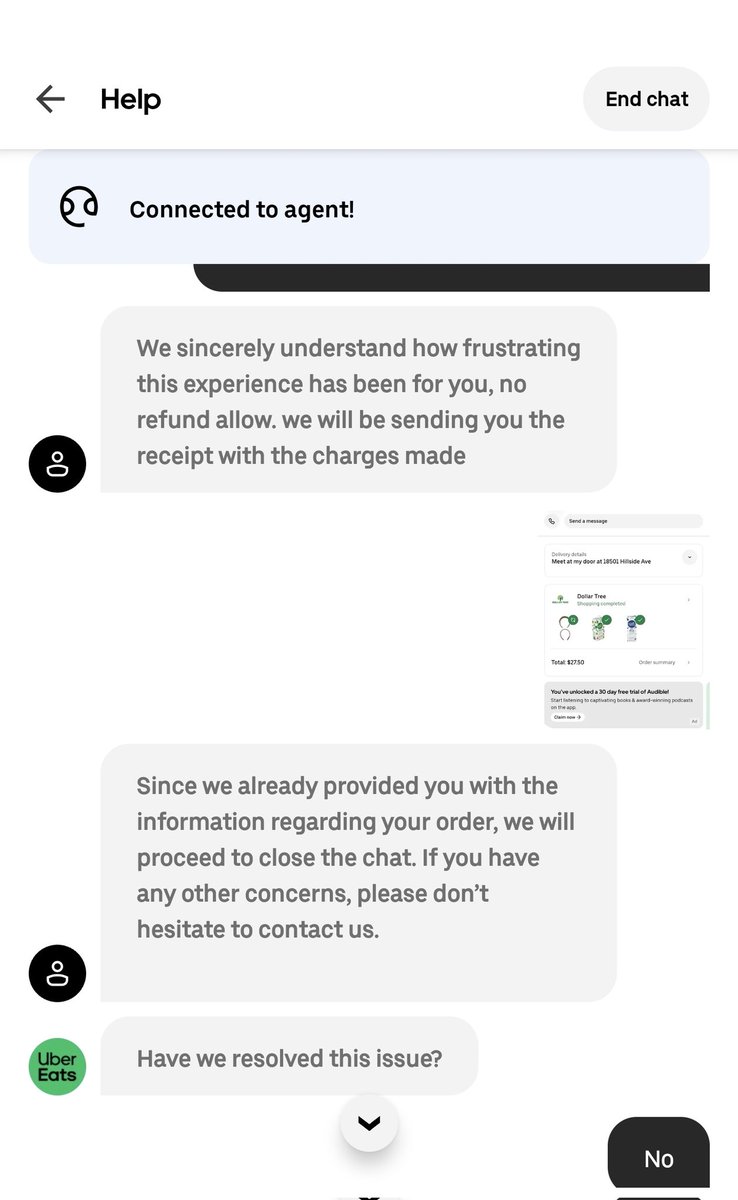 DavidZiant's tweet photo. @UberEats Now allowed to bring wrong orders with no refund. Tip refunded but order not because Driver left store already even without contacting me about the store not having my item available. https://t.co/mTOiDi0V3i