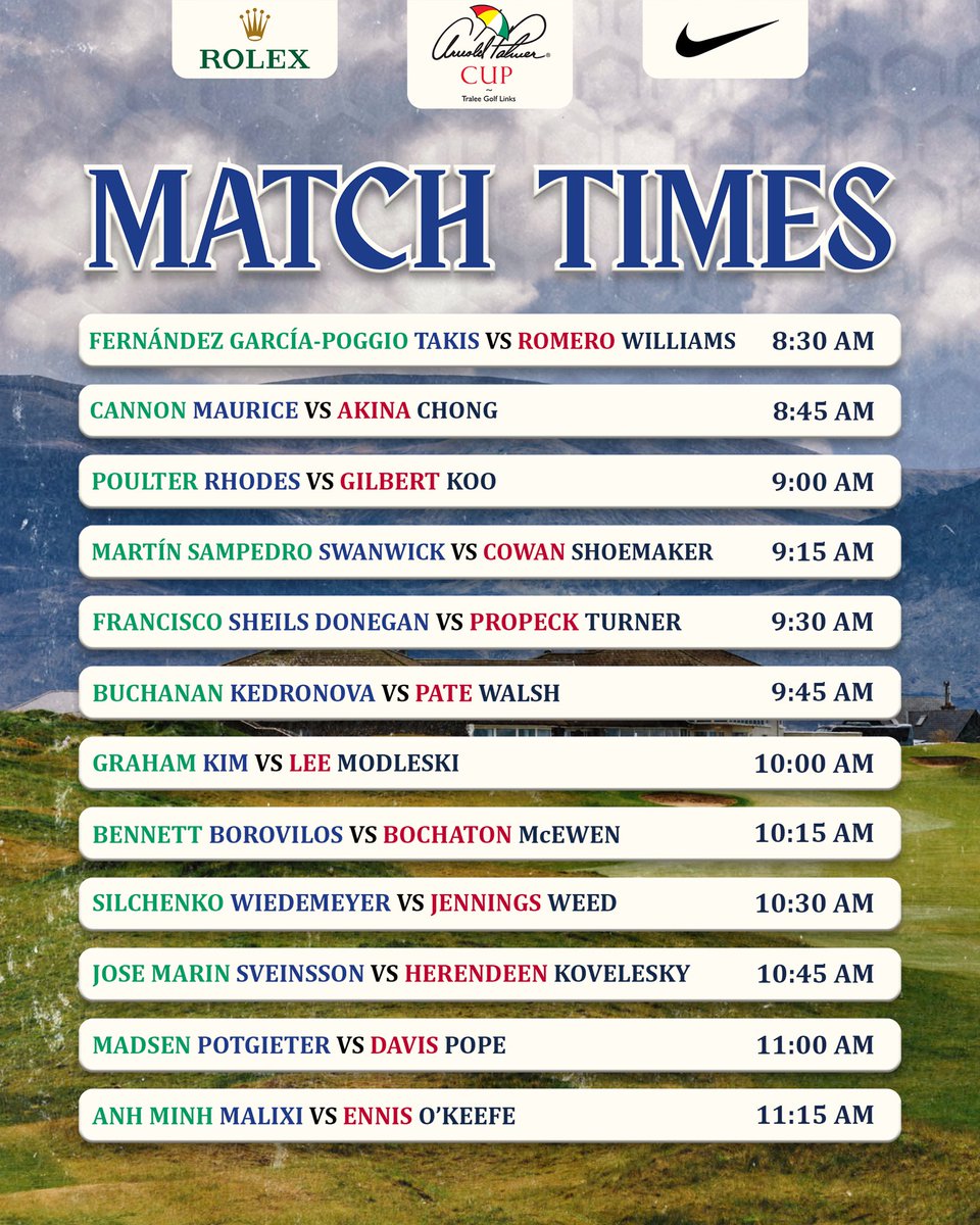 ArnoldPalmerCup's tweet photo. Round 1 pairings are here! 👀 

The stage is set for the opening matches of the 2026 Arnold Palmer Cup at Tralee Golf Links.

Let the competition begin. 🏆

#APCup | #Rolex https://t.co/Rm9GgOmdY3