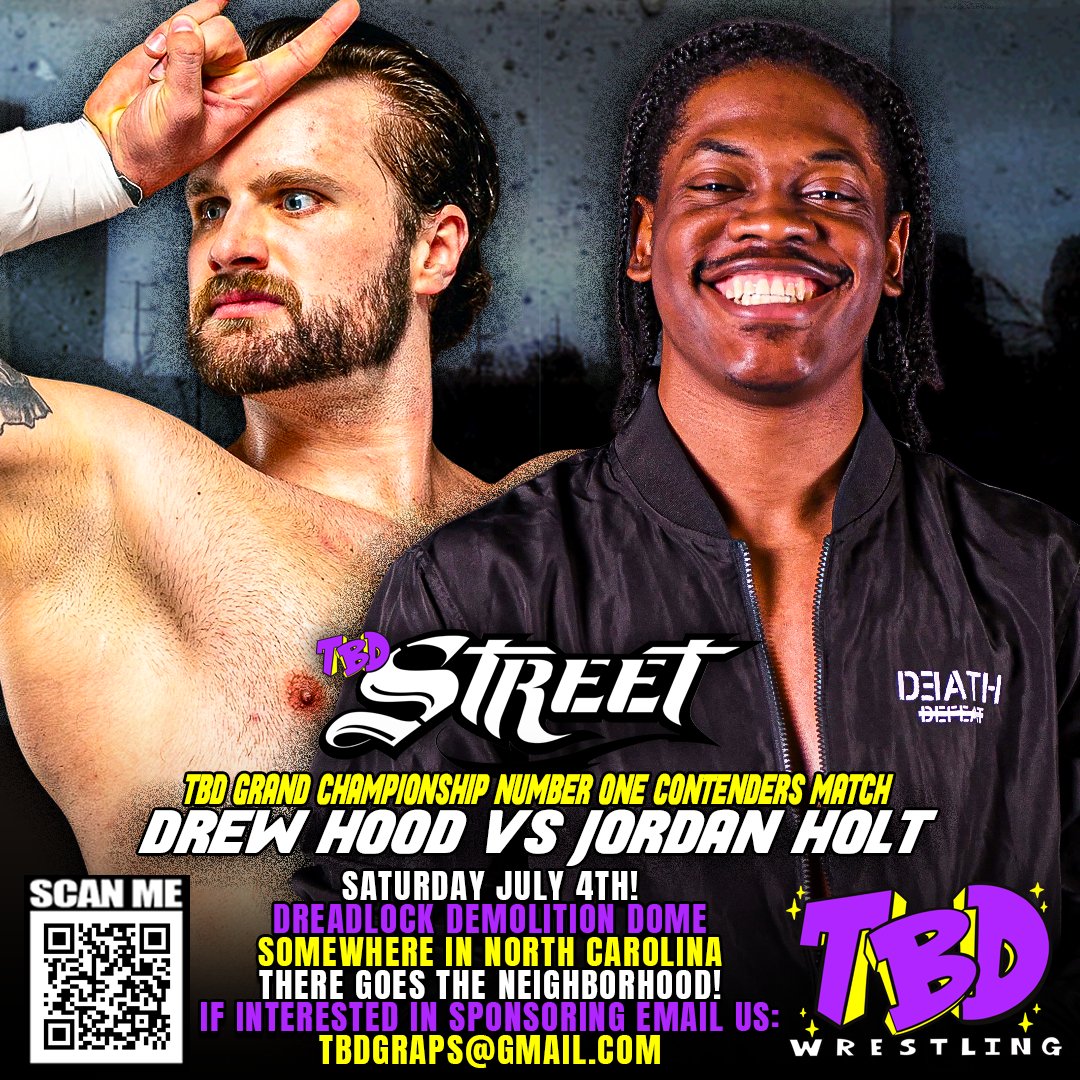 TBDGraps's tweet photo. 🚨 MATCH ANNOUNCEMENT! 🚨

Who will earn the next TBD Grand Championship opportunity?! Find out on July 4th, at TBD Street!

The Necessary Evil of Pro Wrestling @HandsomeDevilDH has turned his entire fortune around at TBD Wrestling since October. After going on a huge losing streak in Year One, Drew Hood has been on an untouchable tear ever since. Standing in his way of a TBD Grand Championship opportunity, though, is someone who knows that word untouchable very, very well.

@JordanDHolt_ is coming off an unfortunate loss of the TBD Tag Team Championships alongside Zay Vega. While Zay was originally set to compete for the TBD Grand Championship at TBD Street, we've found out on The Prelude that is no longer happening due to Zay being jumped. Cheated out of their chains, cheated out of their opportunities, Jordan Holt now steps up for all of UGLEE GANG to make things right. However, the devil is always right behind you.

DEVIL VS UNTOUCHABLE.

Who will face off against BK Westbrook or Amanda Kiss in August?! Find out at TBD Street on July 4th!

TBD Wrestling Presents:
TBD STREET
Saturday, July 4th, 2026!
DREADLOCK DEMOLITION DOME
Tickets Are NOT On Sale, but catch all the action at a later date on our YouTube Channel!