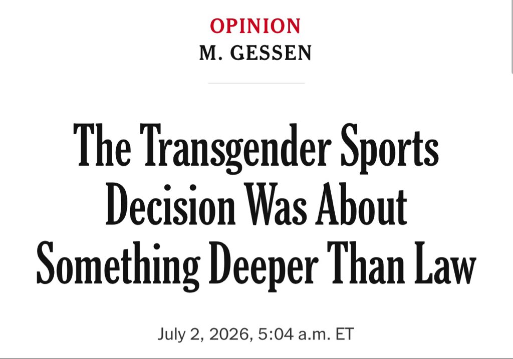 genspect's tweet photo. This new NYT op-ed frames the Supreme Court’s decision as a clash over whose stories matter more in sport, but that framing misses the central issue: sport isn’t structured around competing narratives, it’s structured around fair categories.

It repeatedly asks us to empathize with one child, and we should. But empathy can’t stop there. Girls who lose roster spots, records, scholarships, and opportunities are also children, and their experiences matter just as much.

The piece suggests that if a boy is struggling or physically vulnerable competing against other boys, the solution is to move him into the girls’ category. That doesn’t follow. If an individual cannot safely or successfully compete in one category, it doesn’t automatically justify dismantling the protections that make the other category meaningful in the first place.

It also implies that a gender-distressed child’s happiness depends on institutions changing sex-based rules around them. That’s a heavy burden to place on a child, especially when their care already involves complex medical pathways—like puberty blockers and cross-sex hormones—that carry ongoing uncertainties and potential long-term effects on development and athletic performance. Concern and compassion for that young person doesn’t require reorganizing competitive sport around those interventions.

The article asks who deserves protection. The answer is everyone.

Girls deserve fair, sex-based competition. Gender-distressed young people deserve dignity, support, and careful medical and psychological care—but not the expectation that society must redefine sex categories to accommodate individual distress. We can affirm a child’s worth without abandoning the objective basis that makes women’s sport possible.